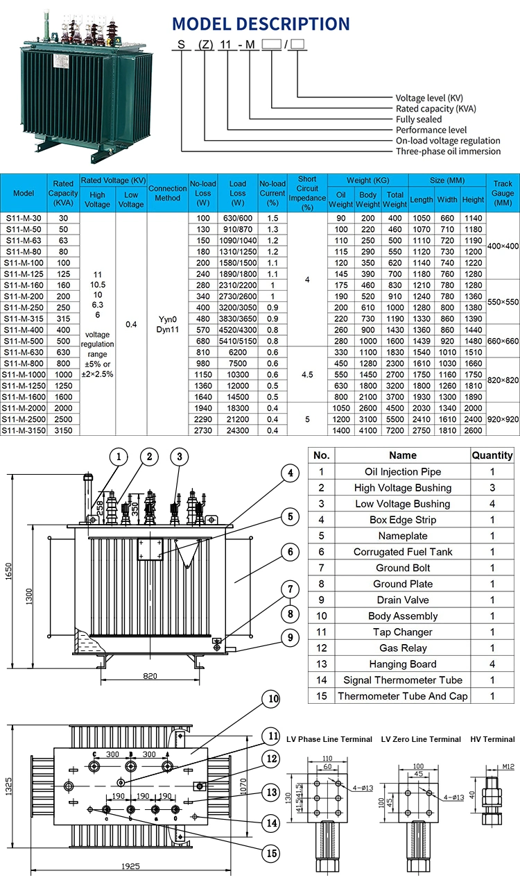 100 120 125 150 160 167 170 200 220 250 kVA 10kv 0.4kv Three Phase Oil Filled Immersed Electric Power Supply Distribution Transformer Factory